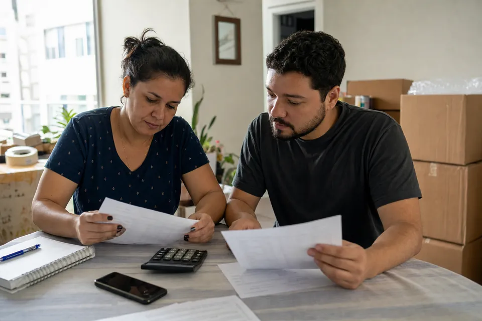 Pessoas comparando propostas e custos de uma mudança residencial.